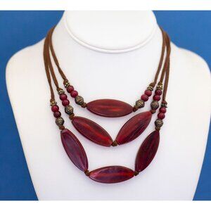 17 Inch, Vintage Red Bib Three layer Three Strand Bib Necklace - D4